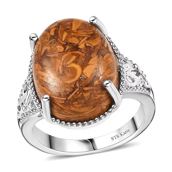 Jasper Script Stone Genuine Gemstone Solitaire Ring in Platinum Bond Size 7 - Picture 1 of 3